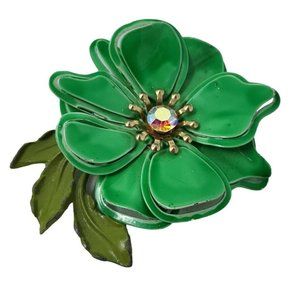 Vintage Enamel LG Green Layered Flower Brooch Vintage Pin Rhinestone Center 6352